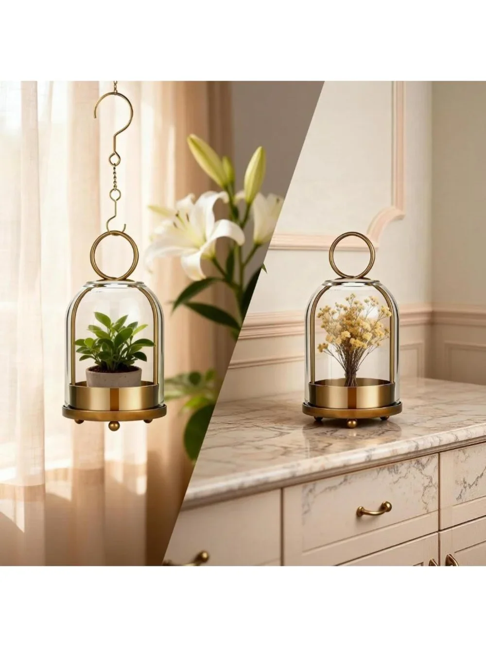 Set of 2 Hurricane Glass Candle Holders - Brass Hanging Pillar Candle Decor
